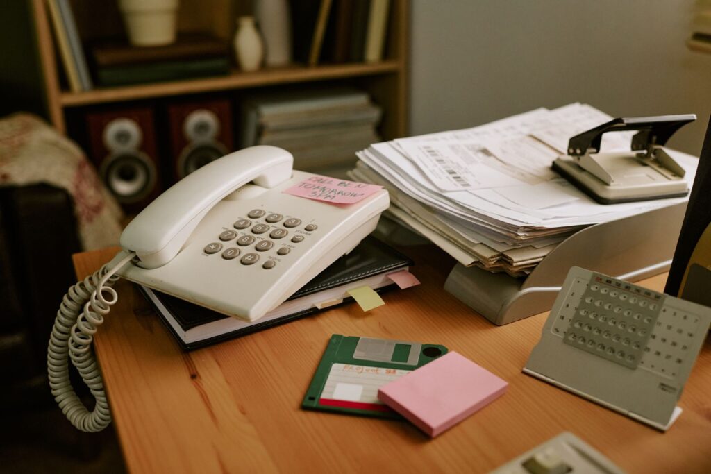 Vintage landline telephone on an office desk