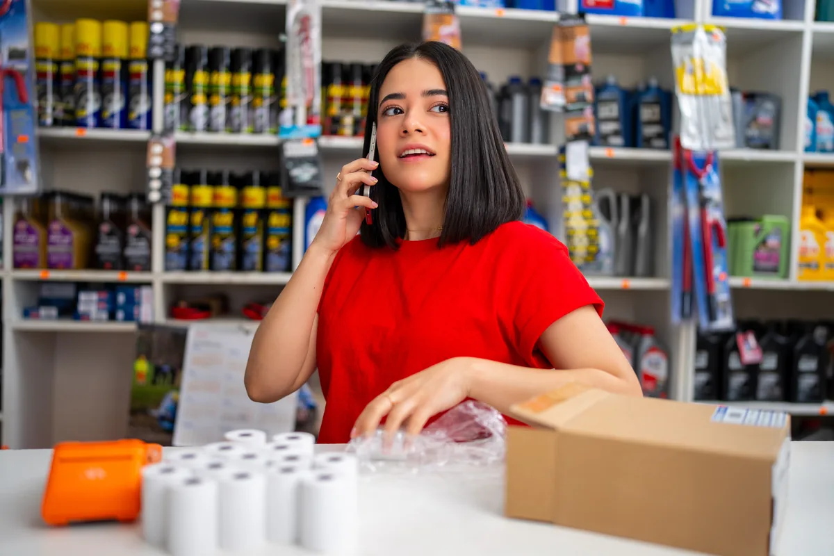 Store employee taking a call on her phone at the counter of a supply store